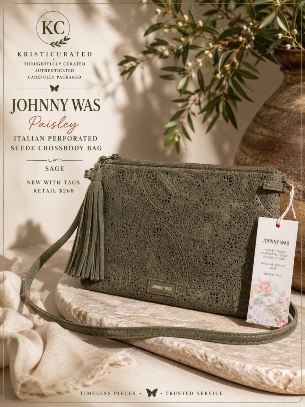Johnny Was Paisley Italian Perforated Suede Crossbody Bag Sage NWT